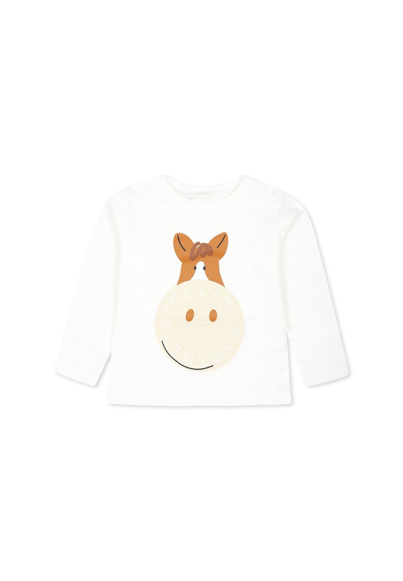 Biała koszulka z długim rękawem z kolorowym wzorem przedstawiającym zwierzęcą twarz w stylu kreskówkowym, z brązowymi akcentami i zabawnym tekstem w okrągłym układzie.