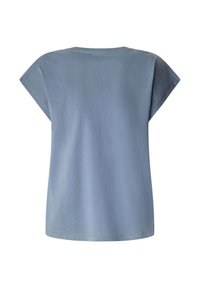 Zila kokvilnas T-krekls ar brīvu piegriezumu, īsām piedurknēm, apaļu kakla izgriezumu un gludu tekstūru. Aizmugurē ir vienkāršs, neizgreznoti dizains.