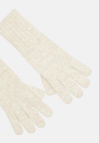 Lichtbeige gebreide handschoenen met geribbelde manchetten en een vijfvingerontwerp. Gemaakt van zacht, textuurmaterialen, geschikt voor koud weer.