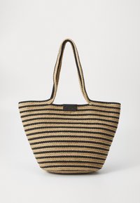 Wendetasche mit abwechselnd schwarzen und beigen Streifen, weiten Öffnung und strukturierter Oberfläche. Mit doppelten Griffen und einem gesteppten Logo-Patch.