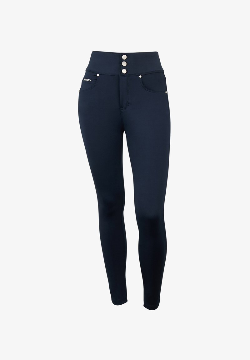 Leggings de talle alto en color azul marino con una textura suave, tres botones decorativos en la parte delantera y dos bolsillos frontales con detalles plateados.