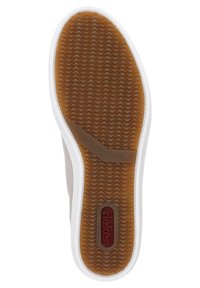 Semelle de sneaker marron clair avec un motif en chevrons texturé. Bord en caoutchouc blanc avec un logo rouge près du centre. Taille 37 indiquée sur le côté.