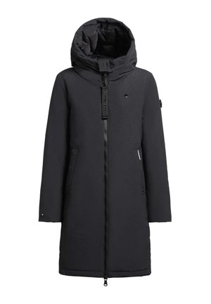 Black padded parka with a large hood, front zipper, and two side pockets. Features a logo tag and textured fabric for insulation.