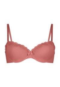 Still-BH in sanftem Korallenrot mit gerippter Textur, Spitzenbesatz am oberen Rand und einer Schleifendetails in der Mitte. Verstellbare Träger.