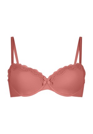 Ondersteunende beha in zacht koraal met ribbeltextuur, kantafwerking langs de bovenrand en een strikdetail in het midden. Verstelbare bandjes.
