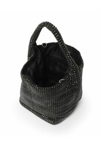 Zwarte beaded handtas met een gestructureerde vorm en twee handvatten. Binnenkant gevoerd met stof en een verborgen vak.