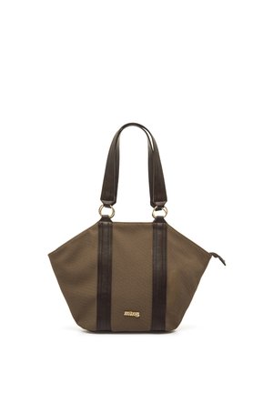 Bolsa tote de tela marrón con asas marrón oscuro y acentos verticales, logotipo dorado "ming" y cierre con cremallera lateral.
