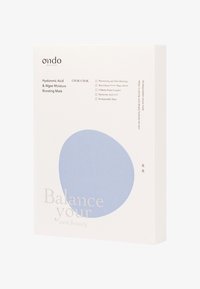 Hyaluronsyra & Alge Fuktgivande Mask låda. Vit bakgrund med en blå oval design, med grå text och produktinformation.