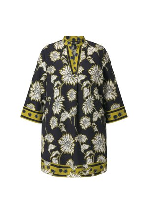 Schwarzes knielanges Kleid mit weißem Blumenmuster, gelbem Besatz mit schwarzen Punkten an Kragen, Ärmeln und Saum, mit 3/4-Ärmeln und V-Ausschnitt.