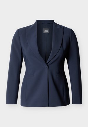 Temno modra ženska blazer jakna s prilagojenim krojem, z zapiranjem na en gumb, z zarezanim ovratnikom, dolgimi rokavi in sprednjimi žepi z razporkom.