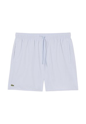 Lichtblauwe zwembroek voor heren met elastische tailleband, trekkoord, zijzakken en een klein groen krokodillenlogo op het linkerbeen.