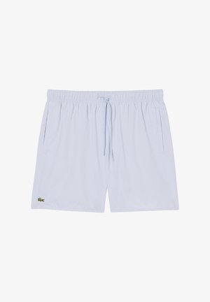 Lichtblauwe zwembroek voor heren met elastische tailleband, trekkoord, zijzakken en een klein groen krokodillenlogo op het linkerbeen.