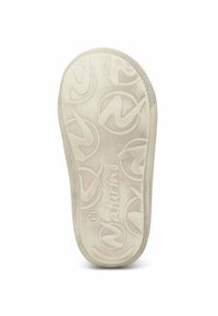 Rubberen schoenzool in crème met een gestructureerd oppervlak, voorzien van cirkelvormige logo-patronen en een verstevigde rand voor duurzaamheid.