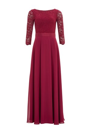 Langes burgunderfarbenes Kleid mit einem Spitzenoberteil und dreiviertellangen Spitzenärmeln. Der fließende Rock hat Falten und schafft eine elegante Silhouette.