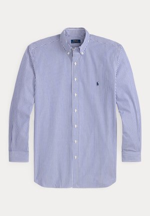 Langärmliges Hemd mit Knopfleiste, blauen und weißen vertikalen Streifen und einem kleinen bestickten marineblauen Logo auf der Brust.