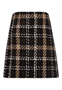 Jupe à carreaux noire et beige avec un design ajusté, présentant un tissu texturé, fabriquée en matériau tissé, et une silhouette évasée.