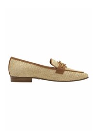 Woven straw loafers with tan leather accents, a rounded toe, and a low stacked heel. Features a decorative strap and metal hardware.