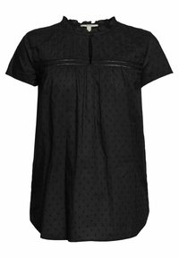 Haut noir à manches courtes avec un col rond, tissu texturé avec des points en relief et un détail froncé sous le col.