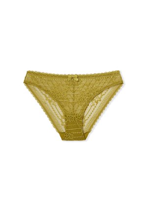 Culotte en dentelle vert olive avec des bords festonnés, des motifs floraux et un nœud central sur la taille.