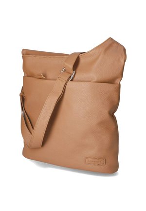 Lichtbruine leren schoudertas met verstelbare band en voorvak, met een subtiel gestikt merkembleem in de onderste hoek.
