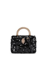 Borsa a tracolla nera con paillettes, dalla forma strutturata, manico con cristalli e tracolla in pelle rimovibile. Presenta un dettaglio decorativo sulla chiusura.