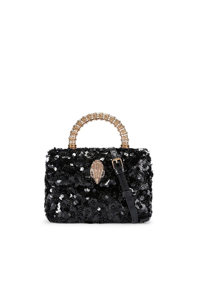 Borsa a tracolla nera con paillettes, dalla forma strutturata, manico con cristalli e tracolla in pelle rimovibile. Presenta un dettaglio decorativo sulla chiusura.