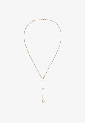 Guldglimrende halskæde med en fin kæde, der har en cirkulær detalje, en geometrisk sten og et halvmånevedhæng i midten.