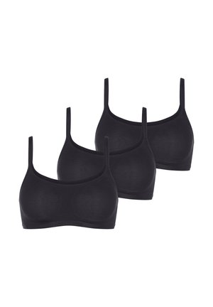 Drie zwarte naadloze beha's met dunne verstelbare bandjes, een gladde textuur en zonder hardware of vulling, ontworpen voor comfort.