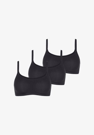 Drie zwarte naadloze beha's met dunne verstelbare bandjes, een gladde textuur en zonder hardware of vulling, ontworpen voor comfort.