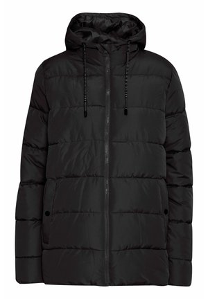 Giacca a vento nera imbottita con cappuccio, dotata di zip frontale, cordini elastici e motivo trapuntato orizzontale.