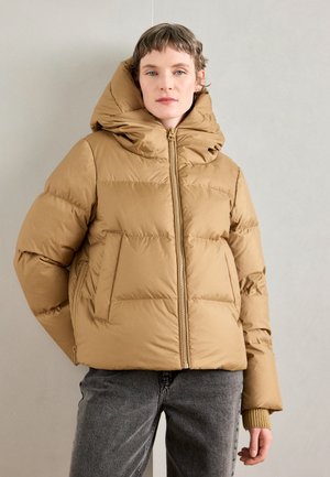 Giacca puffer marrone con grande cappuccio, zip frontale e tasche laterali. Il tessuto appare liscio con una texture trapuntata.