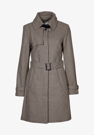 Cappotto in misto lana marrone con colletto, tasche laterali e cintura in vita. Presenta una linea dritta e dettagli sui polsini.