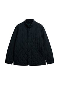 Sort quilted jakke med trykknapper, ståkrave og to forlommer, præsenteret på en hvid baggrund.