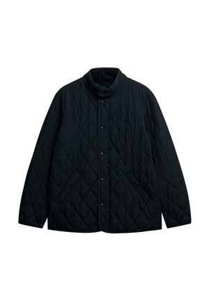 Veste noire matelassée avec boutons-pression, col montant et deux poches avant, présentée sur un fond blanc.