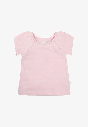 Lichtroze T-shirt met korte mouwen, een zachte textuur, ronde halslijn en twee drukknoopjes op de schouder voor gemakkelijke aankleedbaarheid.