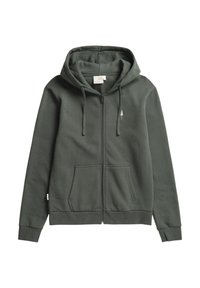Sudadera con cremallera de color verde oscuro, hecha de tela texturizada. Presenta un bolsillo frontal, cordones y un pequeño logo de un árbol en el lado izquierdo del pecho.