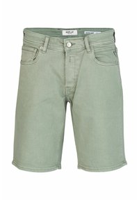 Groene katoenen denimshorts met een regular fit, meerdere zakken, zichtbare stiksels en een merketiket op de taille.