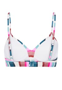 Liemenėlė su struktūrizuotu dizainu, turinti daugiakampį juostuotą raštą rožinės, žalsvai mėlynos ir rudos spalvos atspalviais. Reguliuojamos petnešėlės ir sagtis.