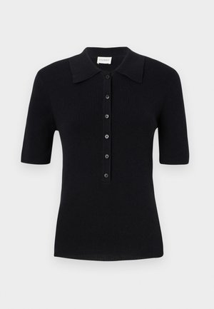 Sort kortærmet ribbet polo skjorte med klassisk krave og knaplukning foran. Har tekstureret stof og et rent design.