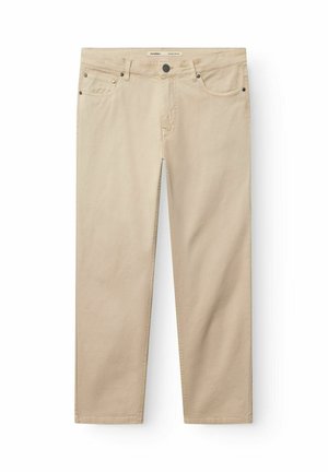 Pantaloni bej cu croială dreaptă, cu nasture și fermoar în față, bucle pentru curea și design cu cinci buzunare.