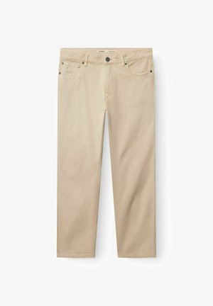 Bézs egyenes szárú nadrág elöl gombbal és cipzárral, övbújtatókkal és öt zsebes kialakítással.