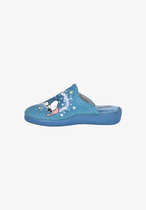 Zapatilla deslizante azul con Snoopy usando un gorro de noche rosa, rodeado de estrellas blancas y destellos en la parte superior.