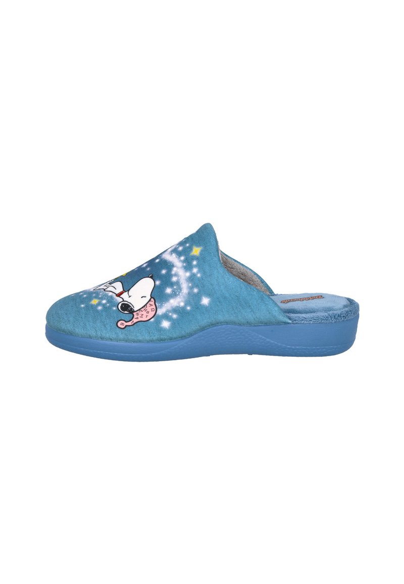 Zapatilla deslizante azul con Snoopy usando un gorro de noche rosa, rodeado de estrellas blancas y destellos en la parte superior.