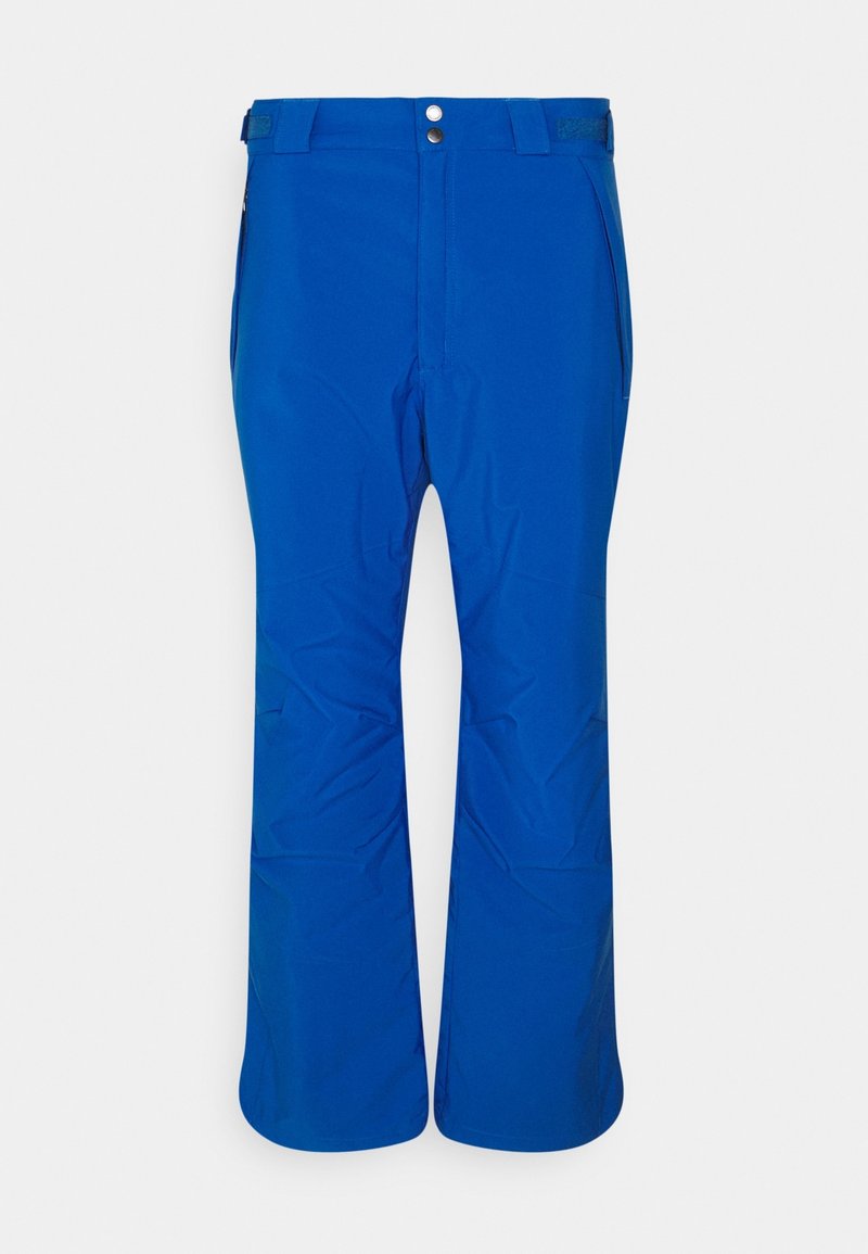 Pantalon de ski imperméable bleu vif avec passants de ceinture, fermeture éclair frontale, boutons-pression et poches latérales, présenté à plat sur fond blanc.
