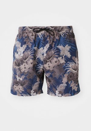 Herrsim shorts i marinblått med ett blommönster i beige och ljusblått. Lätt material, elastisk midja med dragsko och sidofickor.
