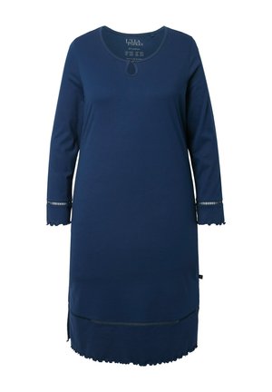 Marineblå langærmet kjole med rund halsudskæring, bølgede manchetter og en dekorativ kant; lavet af blødt, elastisk stof med en glat tekstur.