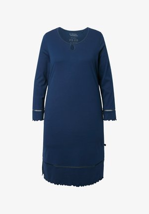 Marineblaues, langärmliges Kleid mit Rundhalsausschnitt, gewellten Bündchen und dekorativem Saum; gefertigt aus weichem, dehnbarem Stoff mit glatter Textur.