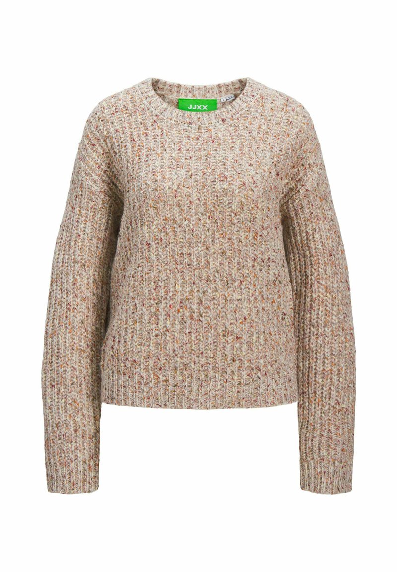 Beige stickad tröja med rund halsringning, löst sittande design, texturerad ribbning och flerfärgad spets. Grön märkesetikett synlig inuti halsringningen.