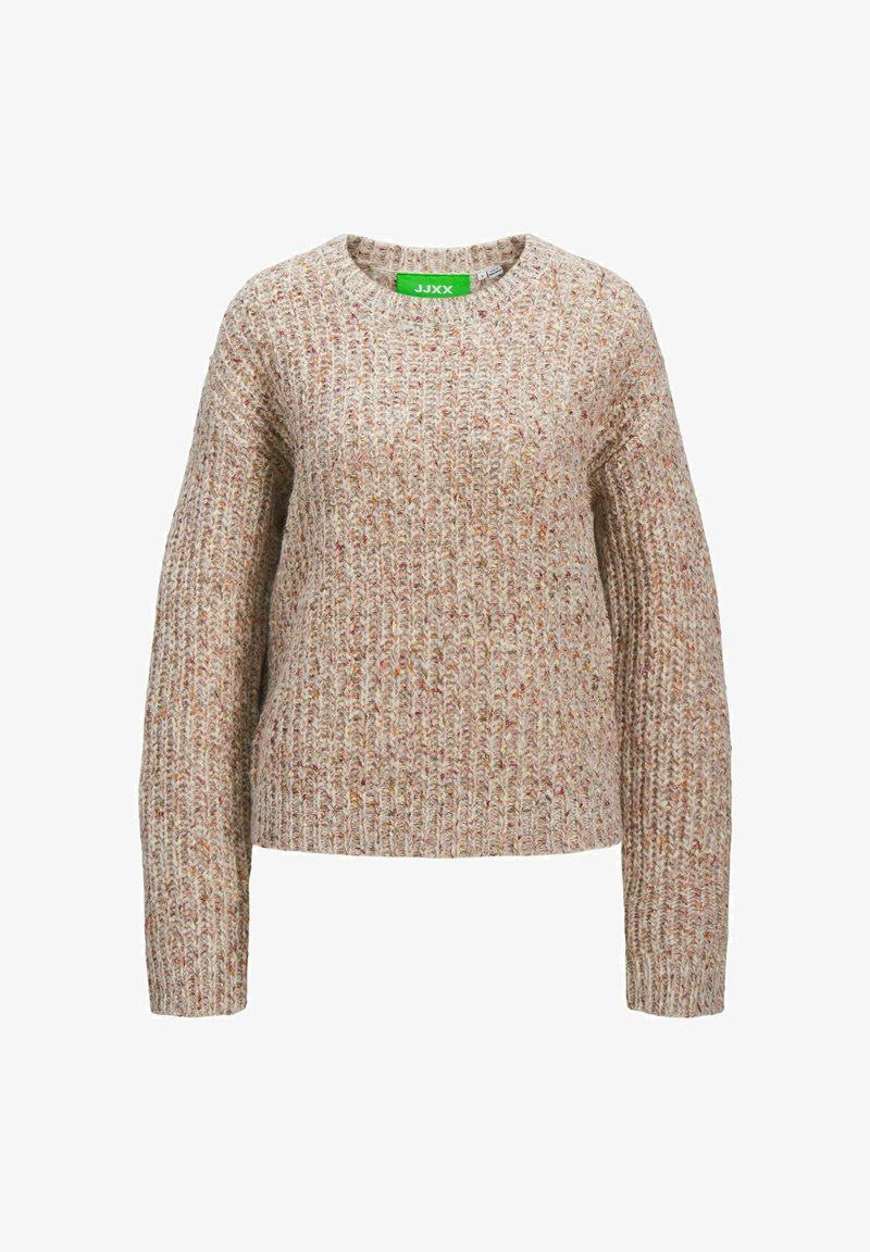 Beige knitted sweater with a crew neckline, loose-fit design, textured ribbing, and multicolored flecks. Green brand tag visible inside neckline.