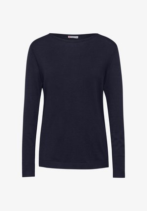 Pull à manches longues bleu marine en tricot doux, avec un col rond et des poignets et un ourlet côtelés. Pas de motifs ni d'accents visibles.